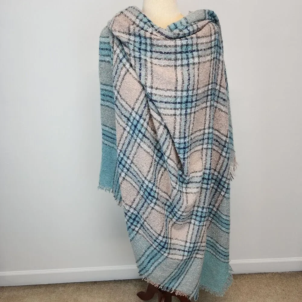 Simply Southern Chunky Knit Plaid Scarf Shawl Wrap Blue Pink Oversized 55x55